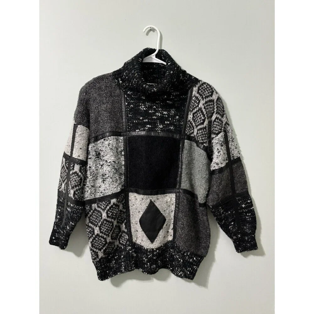 Vintage 80’s Susann D Sweater Black Gray Leather Trim Colorblock Oversized Sz S